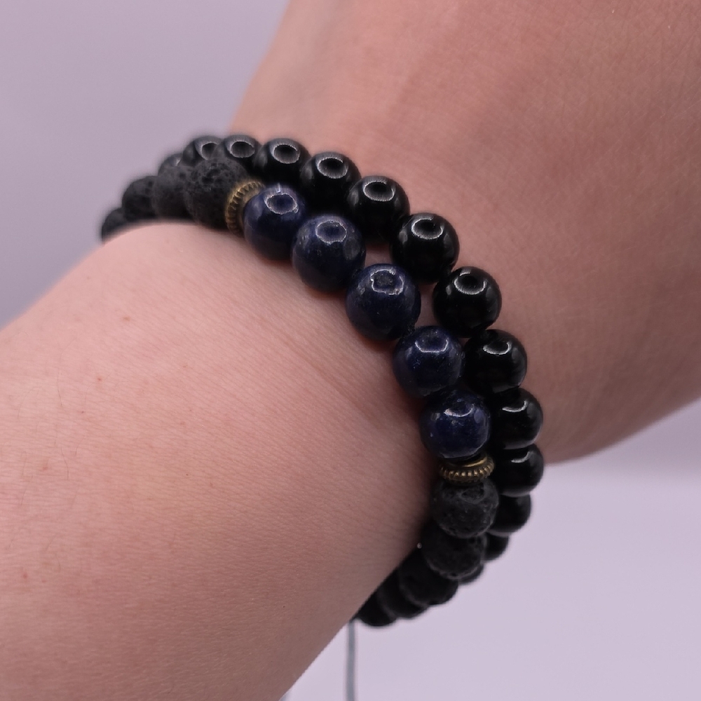 Black Lava Stoneand Blue & Black Glass Beaded Bracelet Set